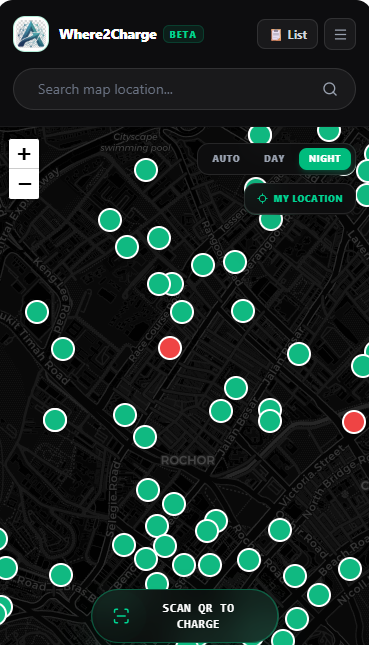 Where2Charge Night Map View