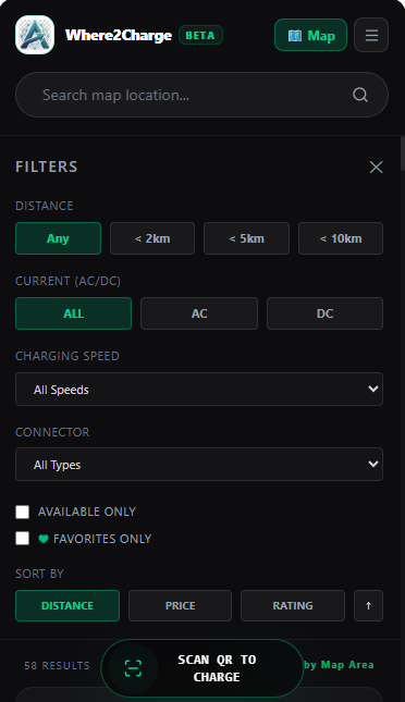 Where2Charge Filter Settings View